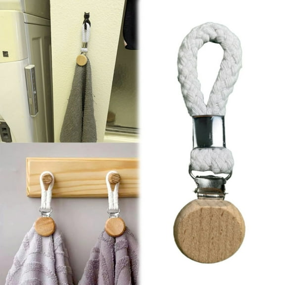 Goowood Towel Clips for Kitchen and Bathroom Multi Functional Tea Towel Clip with Hanging Loop and Rope Wooden Kitchen Towel Hook 1 Pack