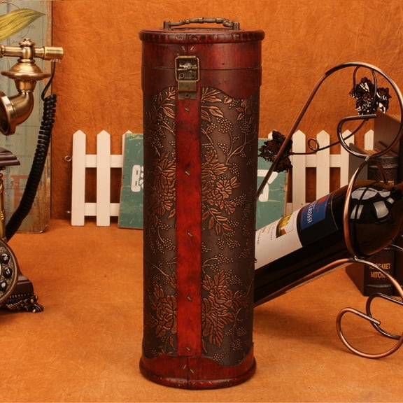 Goowood Wooden Wine Gift Box Antique Style Treasure Chest Retro Wine Box Cylinder for Red Wine Storage and Keepsake Box Decorative Wood Box