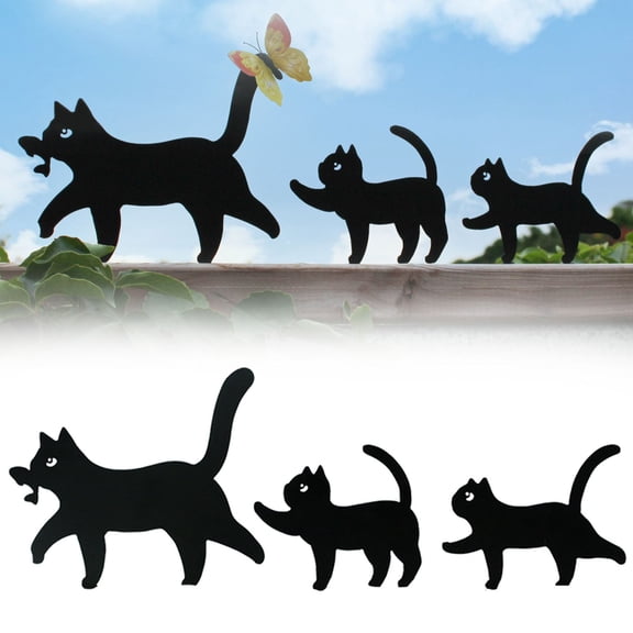 Goowood Yard Decorations Outdoor Metal Yard Art 3PC Cat Silhouette Garden Decor with Butterfly for Fence Decor Kitty Lawn Stakes