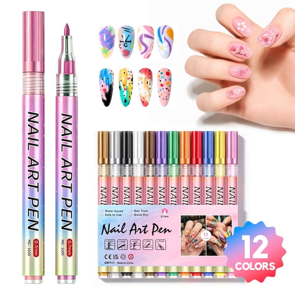 Gopgoy 12 Colors Nail Art Paint Pens, Fine Tip Nail Design Markers, Quick-Drying Nail Painting Pens for Drawing, Lining, Dotting, DIY Manicure, Salon & Home Nail Art Supplies