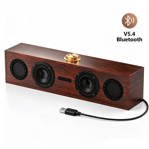 Gopgoy Retro Wooden Bluetooth 5.4 Speakers, Wooden Sound Bar, USB Powered Computer Speakers, HiFi 360 Surround Sound Portable Wood Speaker for PC Desktop Laptop