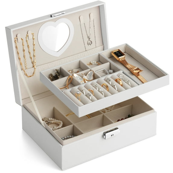 Gopink Lockable Jewelry Boxes Mirror for Women, 9.06 x 6.69 x 3.54 inches, White