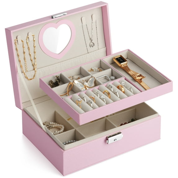 Gopink Lockable Rectangle Jewelry Box, Leather, 9.06" x 6.69" x 3.54", Pink