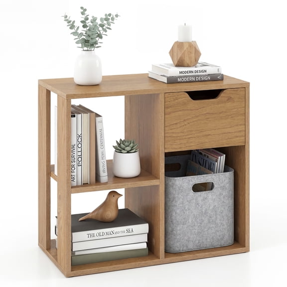 Goplus 1 PCS 3-Cube Bookshelf with Drawer, Freestanding Storage & Display Shelf for Living Room Natural