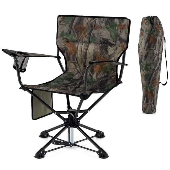 Goplus 1 PCS 360° Swivel Hunting Chair with Mesh Cup Holder & Storage Pockets Cozy Backrest Camouflage