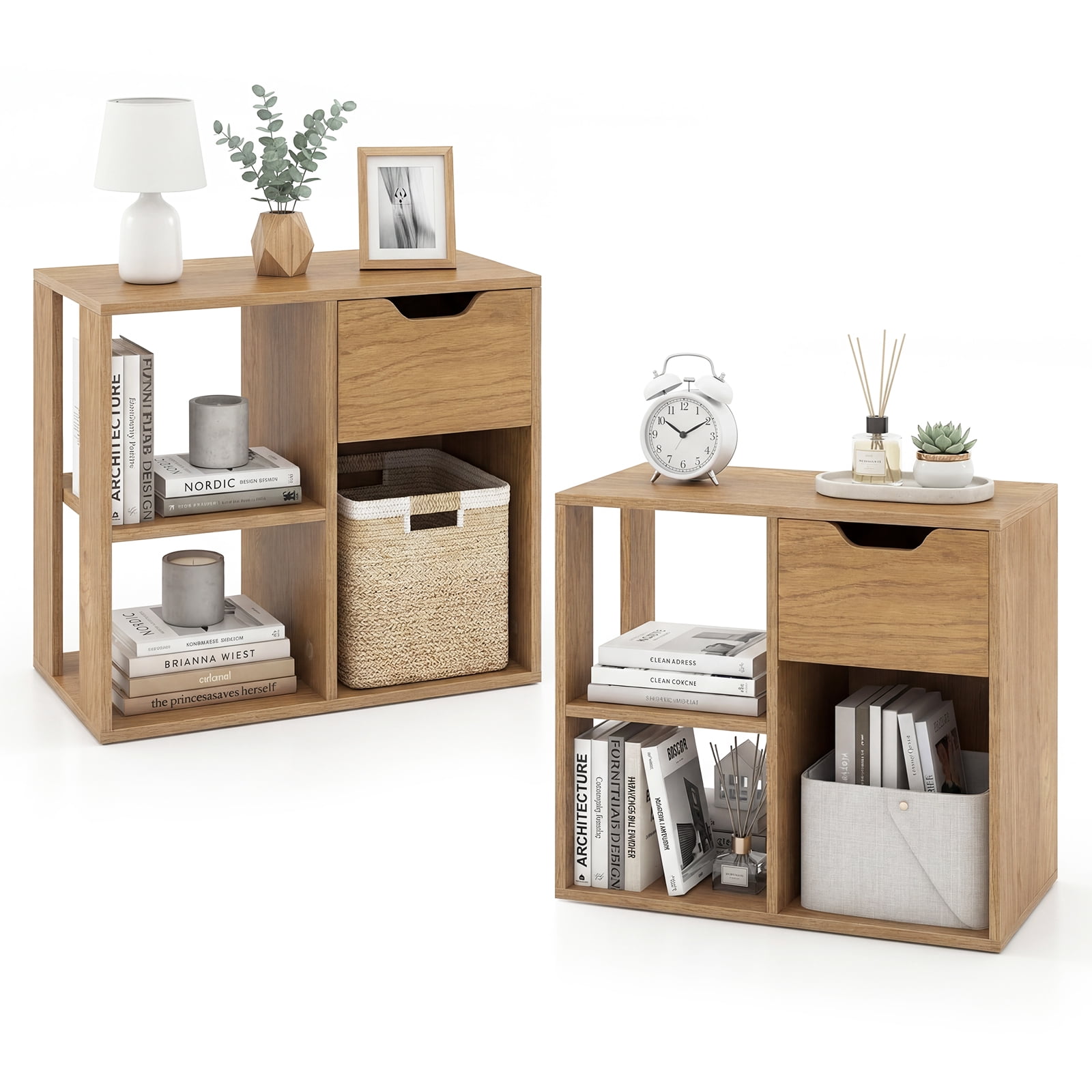 Goplus 2 PCS Bookshelf with Drawer, Freestanding Storage & Display Shelf for Living Room Natural
