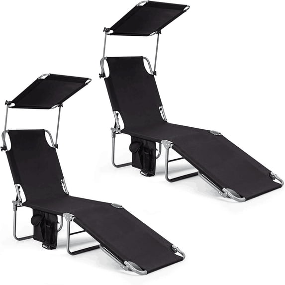 Goplus 2 PCS Foldable Sun Shading Lounge Chair Adjustable Beach Sunbathing Recliner Black