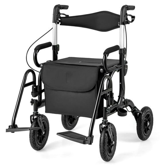 Goplus 2-in-1 Rollator Walker for Seniors with Seat 9" Pneumatic Tires for All Terrain Black