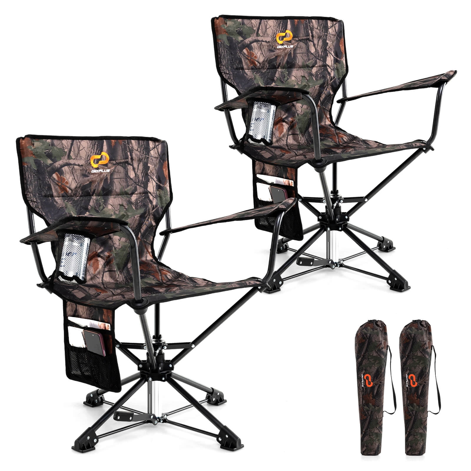 Goplus 2PCS 360° Swivel Hunting Chair with Mesh Cup Holder & Storage Pockets Cozy Backrest