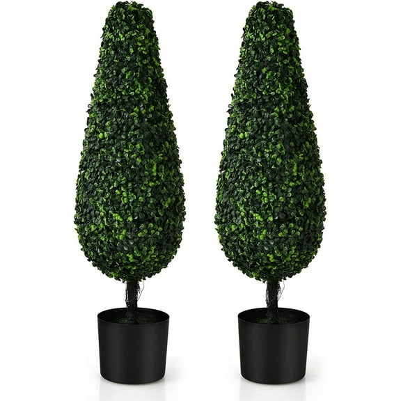 Goplus 3ft Artificial Boxwood Tower Topiary Trees, 2 Pack Faux Decorative Plants in Cement-Filled Plastic Pot, Fake Greenery Plants for Indoor Outdoor Home Office Garden Porch Decor