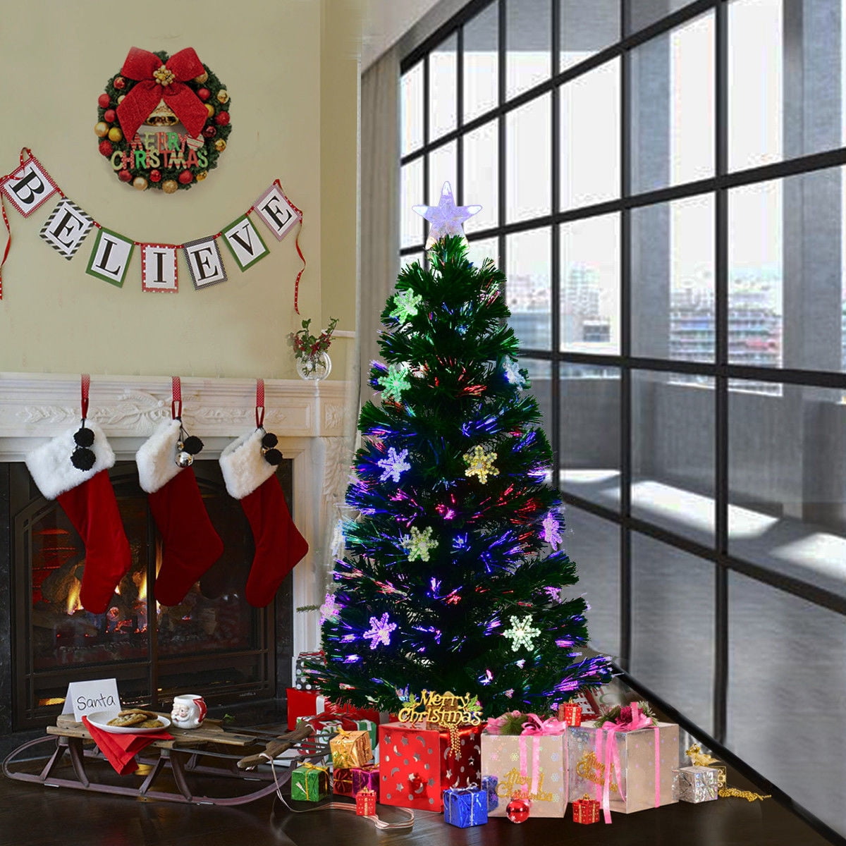 Goplus 4FT Pre-Lit Fiber Optic Artificial Christmas Tree w/Multicolor  Lights Snowflakes 