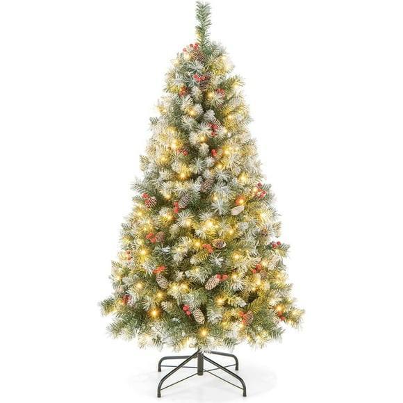 Goplus 5ft Pre-Lit Christmas Tree, Artificial Hinged Xmas Tree with 200 Warm-White LED Lights, 8 Lighting Modes, 450 Branch Tips, Red Berries & Pinecones, for Holiday Party Office Home Decor