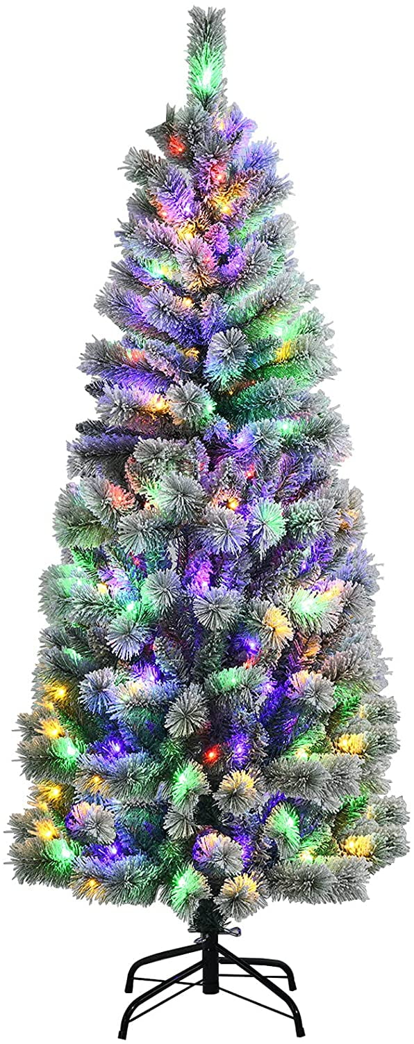 Goplus 6ft Pre-lit Snow Flocked Christmas Tree, Artificial Hinged Pine ...