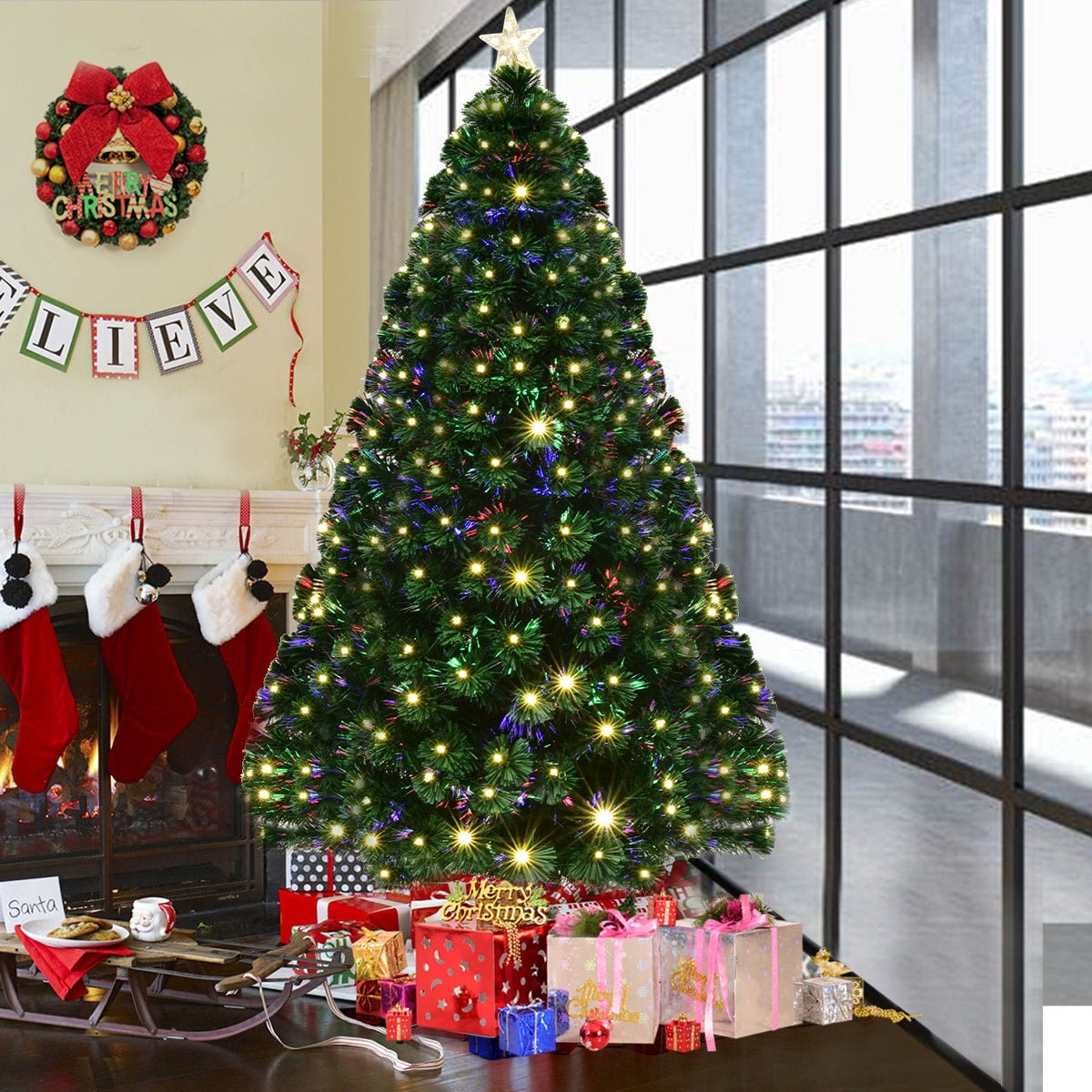 Goplus 7' Pre-Lit Fiber Optic Artificial Christmas Tree w/ 280 LED Lights & Top Star - Walmart.com
