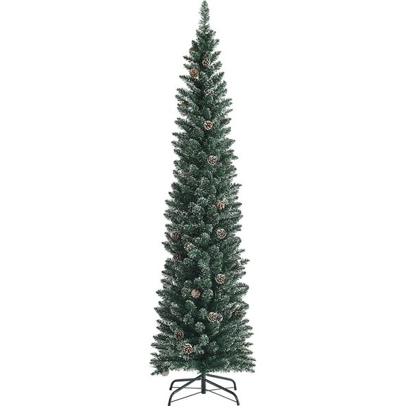 Goplus 7ft Artificial Pencil Christmas Tree, Snow Flocked Slim Xmas Tree W/ 41 Pine Cones, Folding Metal Stand, 351 PVC Branch Tips, Snowy Pine Tree for Home Office Indoor Décor