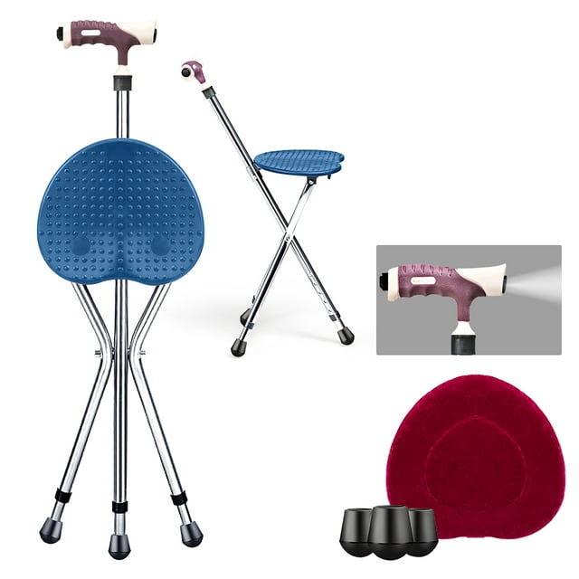 Goplus Adjustable Folding Cane Outdoor Seat Stool Aluminum Alloy Crutch Chair with Light Blue