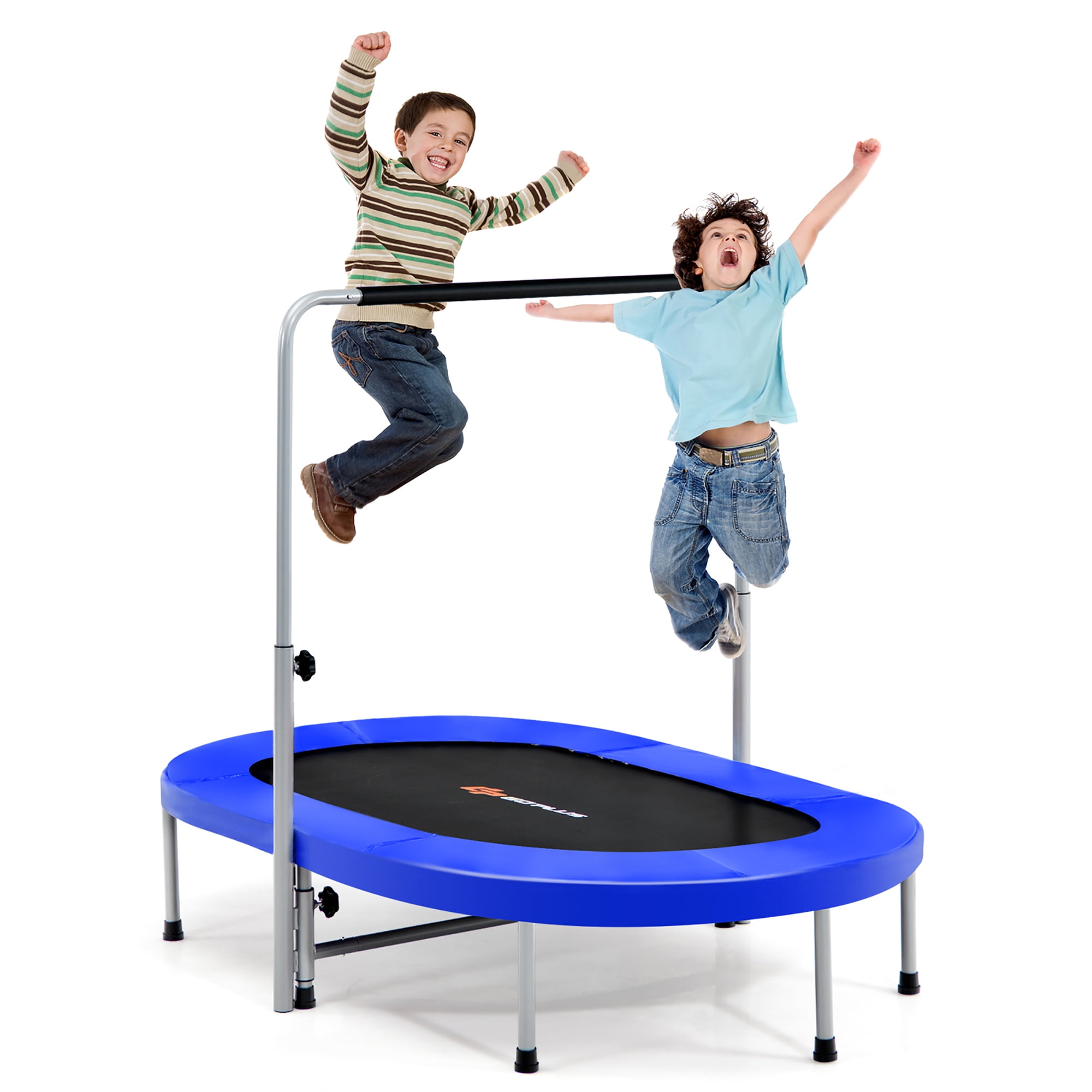 Blue Oval Foldable Fitness Trampoline with Adjustable Handrail