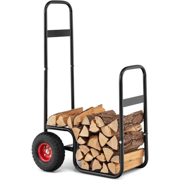 Goplus Firewood Cart with Wheels, Outdoor Indoor Rolling Fire Wood Log Cart with Pneumatic Rubber Tiers, 220 LBS Load Capacity Heavy Duty Steel Wood Storage Hauler, Log Holder Rack for Fireplace