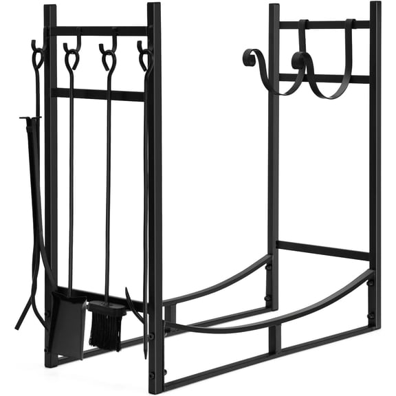 Goplus Firewood Rack Indoor, 30 Firewood Holder with 4- Piece Fireplace Tools-Shovel, Poker, Tongs, Brush, Kindling Holders, Heavy Duty Indoor Log Storage Rack, Outdoor Wood Rack for Fire Pit, Stove