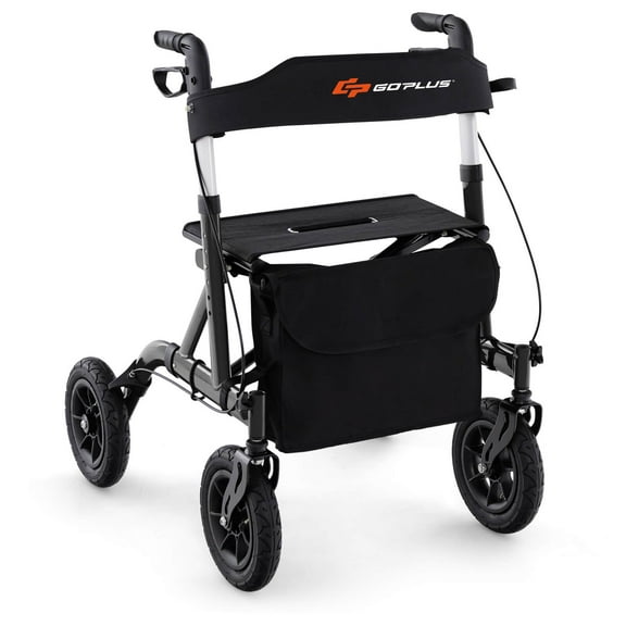 Goplus Foldable Height Adjustable Rollator Walker with Seat, Storage Bag for Seniors Black