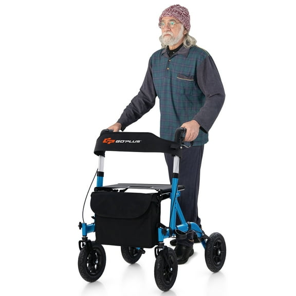 Goplus Foldable Height Adjustable Rollator Walker with Seat, Storage Bag for Seniors Blue