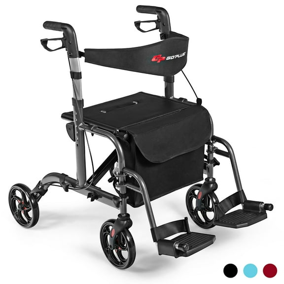 Goplus Folding Medical Rollator Walker Aluminum Transport Chair Adjustable Handle Black