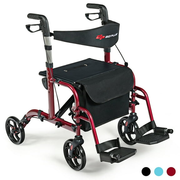 Goplus Folding Medical Rollator Walker Aluminum Transport Chair Adjustable Handle Red