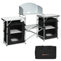 Goplus Folding Portable Aluminum Camping Grill Table w/ Storage Organizer Windscreen Black