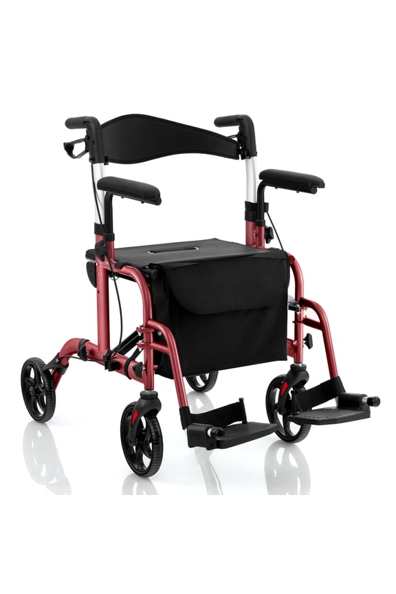 Goplus Folding Rollator Walker with Seat & 8'' Wheels Supports up to 300 lbs Red
