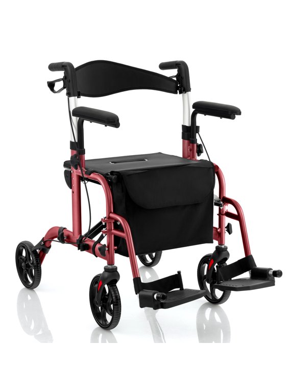 Goplus Folding Rollator Walker with Seat & 8'' Wheels Supports up to 300 lbs Red