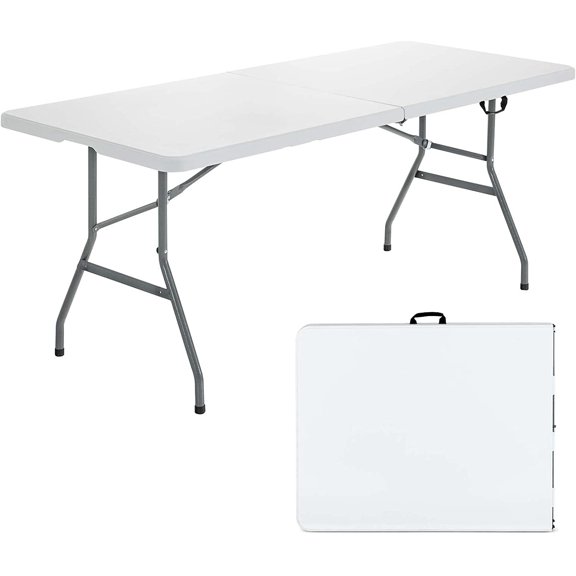 Goplus Folding Tables, 6ft Foldable Plastic Card Table, Portable Heavy Duty Fold Up Table w/Handle, White Outdoor Utility Folding Table for Picnic, Party, Dining, Camping, Beach, BBQ, No Assembly