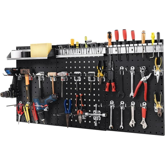 Goplus Garage Pegboard, Metal Pegboard Tool Organizer Kit with 3 Pegboards & 28 Pcs Hanging Accessories, Heavy Duty Wall Organizer Peg Board for Workshop, Tool Storage, Black