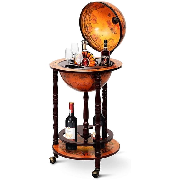 Goplus Globe Bar, 17.5” Liquor Globe Bar Cart with Wheels, Bottom Shelf, Old World Map, 16th Century Italian Replica Retro Wine alcohol Stand, Globe Bar Cart for Dining Room Living Room Home