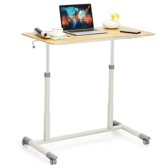 Goplus Height Adjustable Computer Desk Sit Stand Rolling Notebook Table Natural