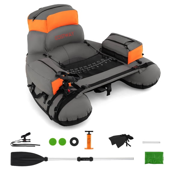 Goplus Inflatable Fishing Boat 350 LBS Fishing Float Tube with Fishing Rod Holder Gray+Orange