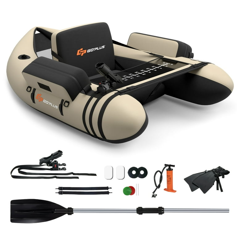 Goplus Inflatable Fishing Float Tube w/Pump & Storage Pockets & Fish Ruler  Beige