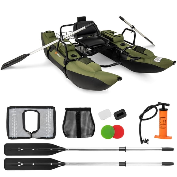 Goplus Inflatable Fishing Float Tube with Foldable Padded Seat, Adjustable Footrest, Pump