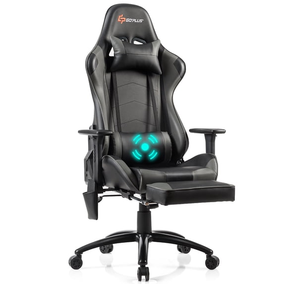 Goplus Massage Gaming Chair Adjustable Reclining Racing Chair w/Headrest&Footrest Gray