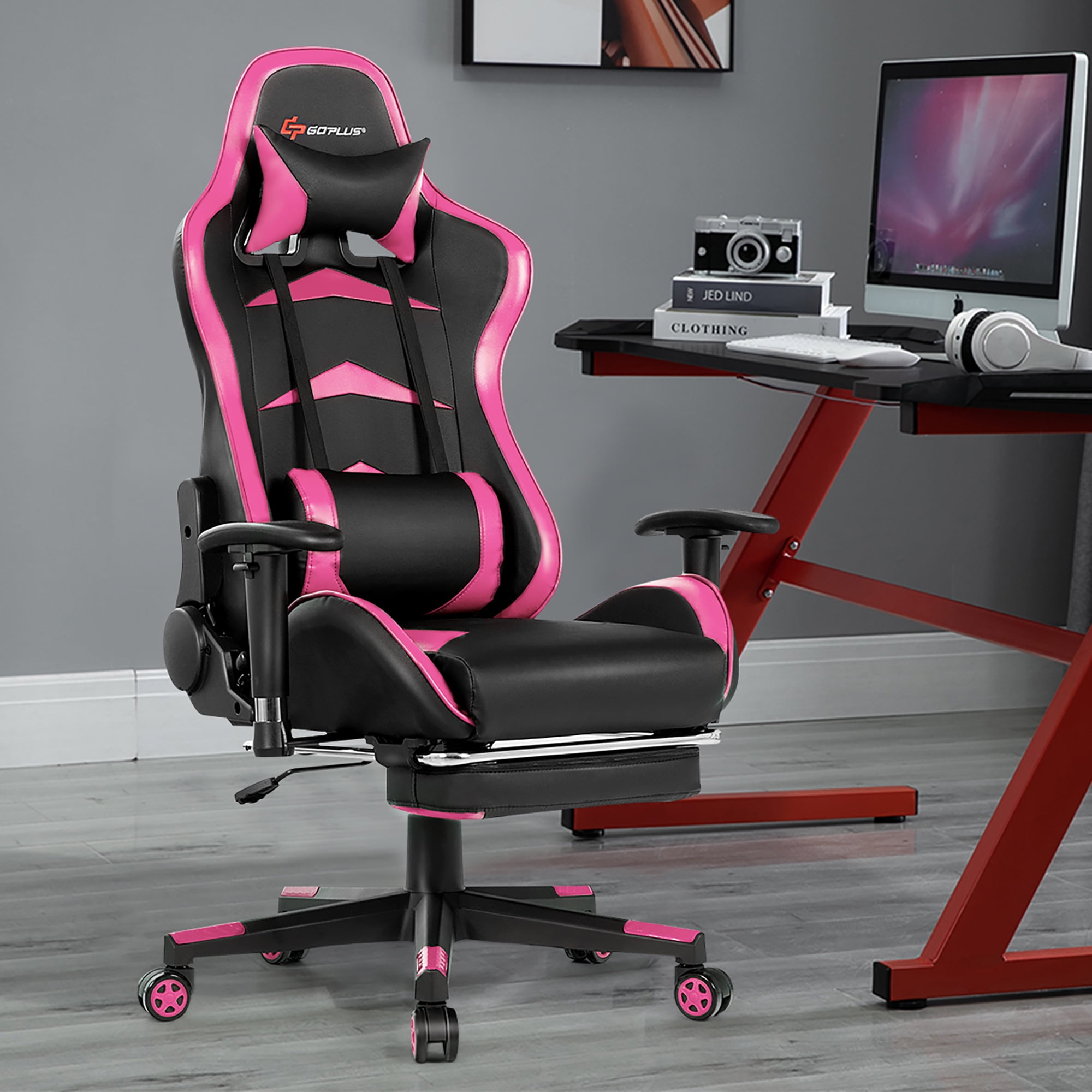 Goplus Massage Gaming Chair Reclining Swivel Racing Office Chair with Footrest Pink