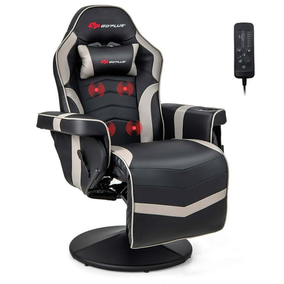 Goplus Massage Gaming Recliner Height Adjustable Racing Swivel Chair with Cup Holder Grey
