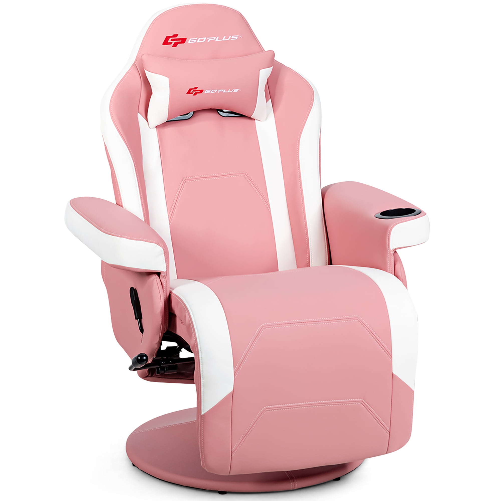 Goplus Ergonomic Massage Gaming Chair, Reclining Racing Swivel with Cup Holder & Pillow, Pink