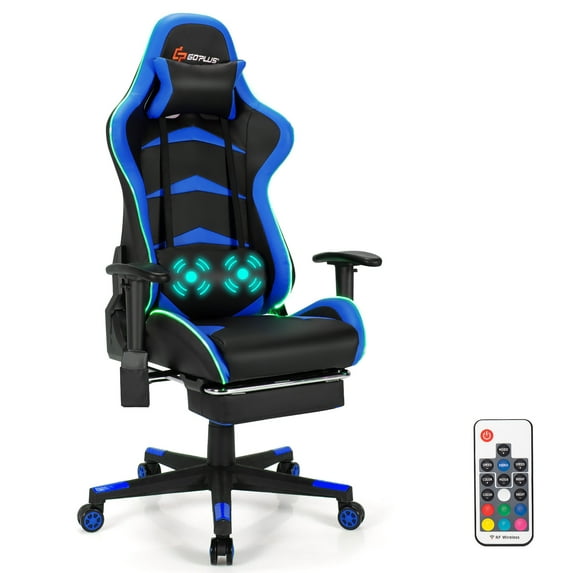 Goplus Massage LED Gaming Chair Reclining Racing Chair w/Lumbar Support&Footrest Blue