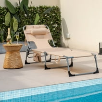 Goplus Outdoor Beach Lounge Chair Folding Chaise Lounge with Pillow Beige
