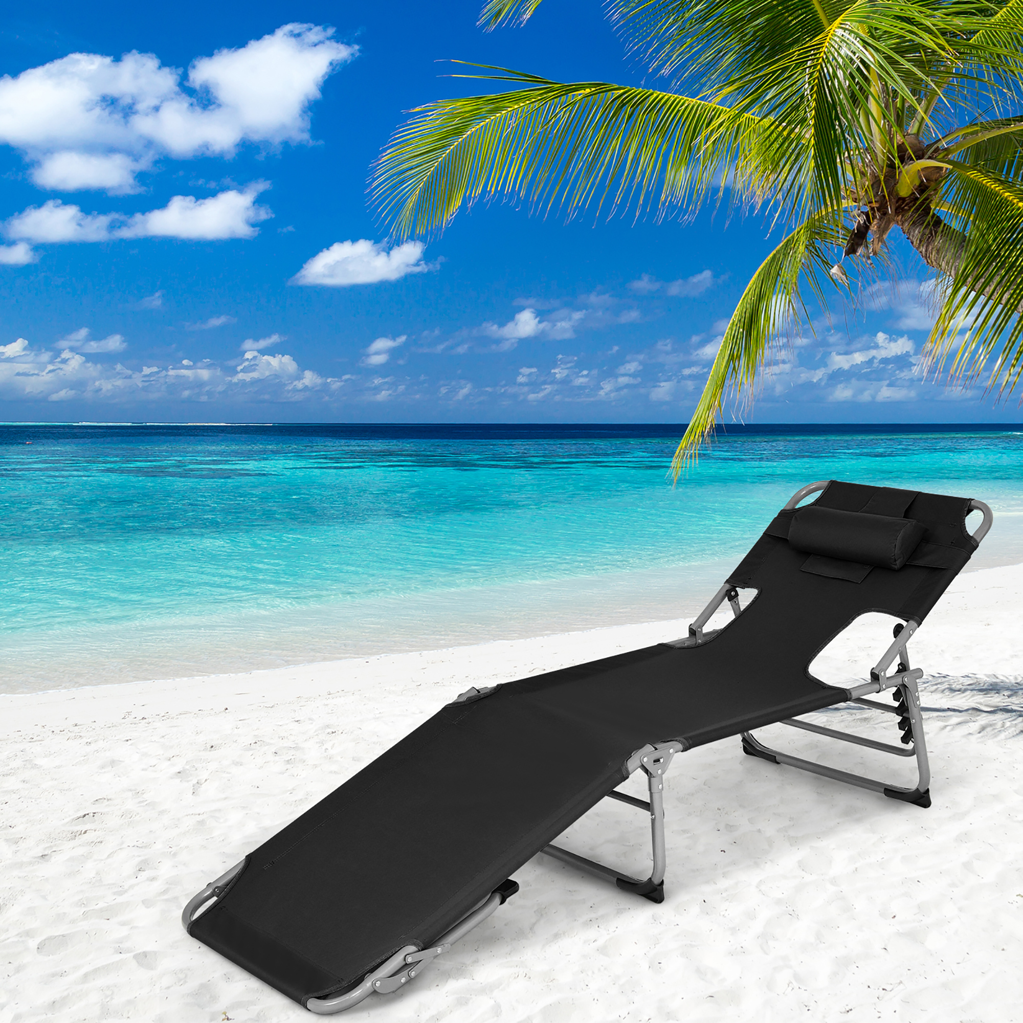 Goplus Outdoor Beach Lounge Chair Folding Chaise Lounge with Pillow Black - image 1 of 8