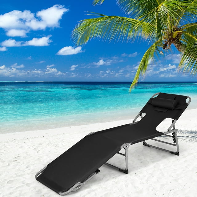 Goplus Outdoor Beach Lounge Chair Folding Chaise Lounge with Pillow Black