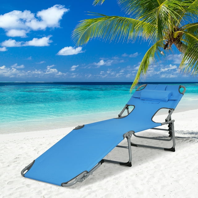 Goplus Outdoor Beach Lounge Chair Folding Chaise Lounge with Pillow Blue