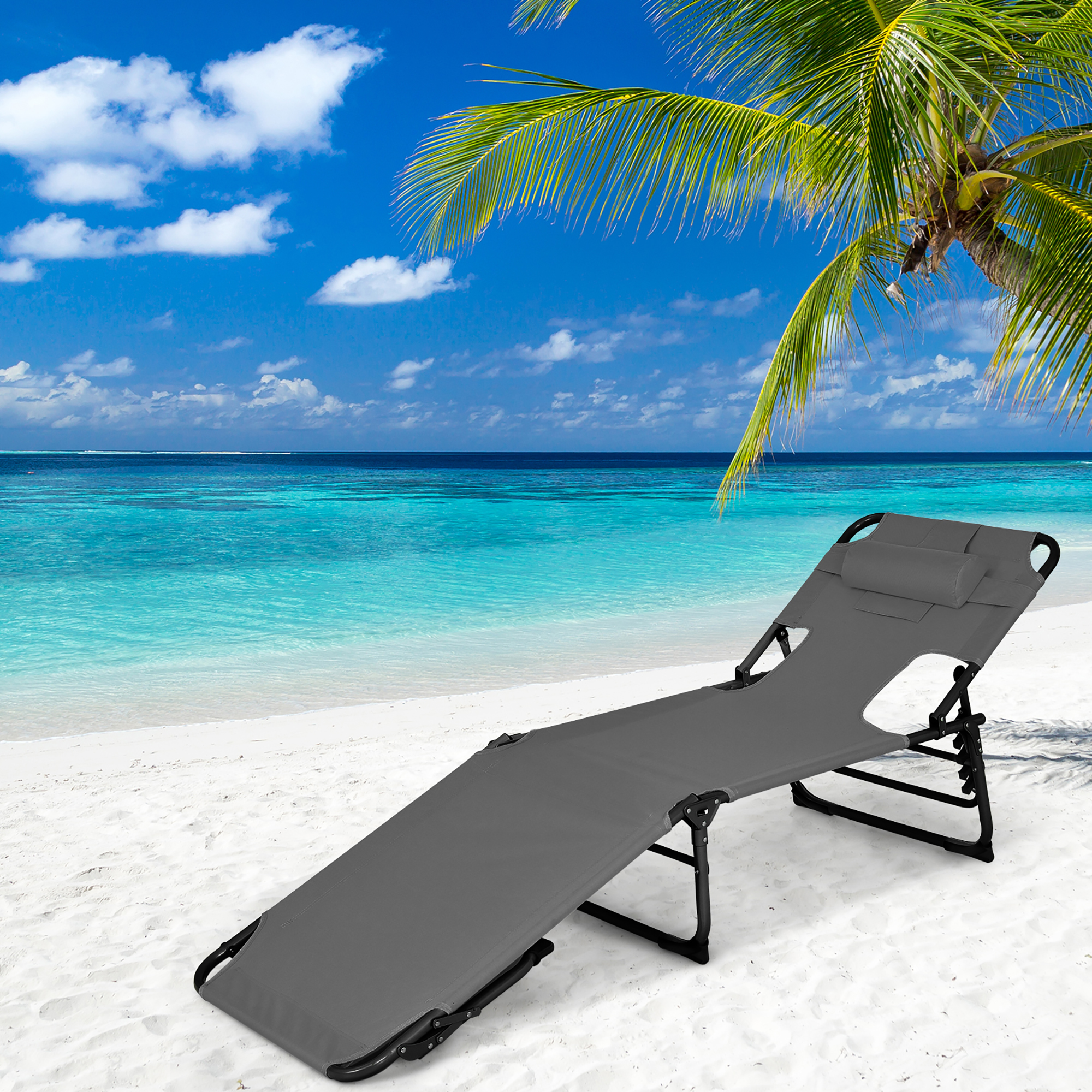 Goplus Outdoor Beach Lounge Chair Folding Chaise Lounge with Pillow Grey - image 1 of 8