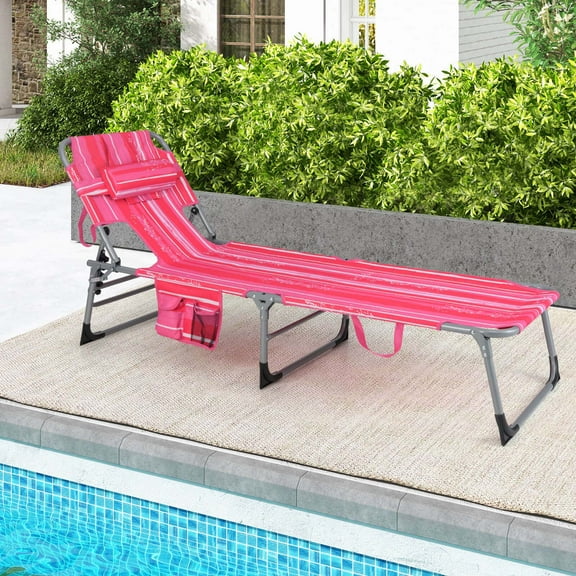 Goplus Outdoor Beach Lounge Chair Folding Chaise Lounge with Pillow Light Pink