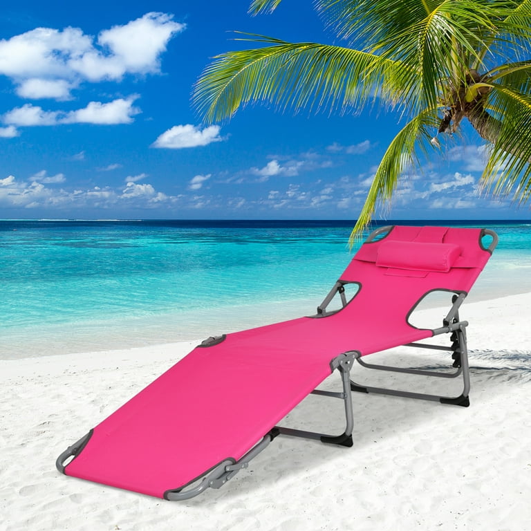 Goplus Outdoor Beach Lounge Chair Folding Chaise Lounge with Pillow Pink