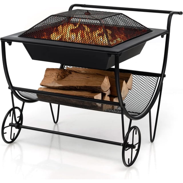 Goplus Outdoor Fire Pit with Wheels, 21.5 Small Bonfire Pit, Wood